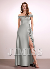 A-Line Off-The-Shoulder Floor-Length Satin Bridesmaids Dress