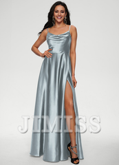A-line draped floor-length satin prom dress