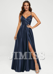 A-line V-neck floor-length satin prom dress
