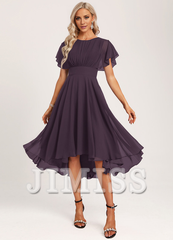 Ruffled A-line Spoon Asymmetric Chiffon Bridesmaids Dress