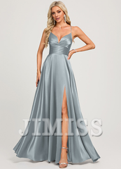 A-line V-neck floor-length pleated satin prom dress