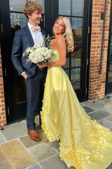 A Line Empire-Waist Yellow Strapless Appliques Satin formal dresses Bridesmaid Dresses evening gown Prom Dress