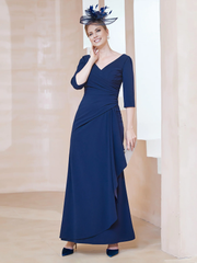 V-neck half sleeved pleated mother of the bride dress