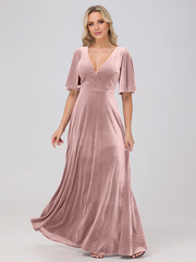 A-line V-neck short sleeved velvet and floor length bridesmaid dress