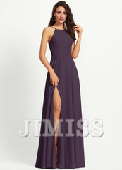 A-line low round neck floor down chiffon bridesmaid dress