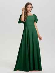 A-line square collar ruffled short sleeved and ground chiffon/ground length bridesmaid dress