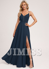 A-line V-neck tea-length chiffon pleated bridesmaid dress