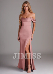 Off Shoulder Side Split Satin and Floor length Bridesmaid Dress - Jimiss Dress