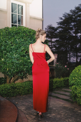 Jimiss slim shoulder strap V-neck backless side slit long style Prom dress