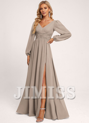 Ruffled A-line V-neck Floor-length Chiffon Bridesmaids Dress