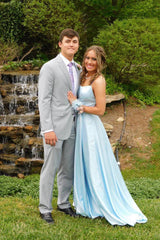 Simple blue satin long prom dress, blue long evening dress
