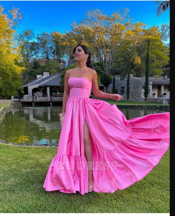 A line Strapless Pink Long formal dresses Bridesmaid Dresses evening gown Prom Dress With Slit