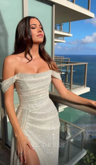 Sheath Elegant Off The Shoulder Sequin Silver Slit formal dresses Bridesmaid Dresses evening gown Prom Dress