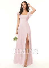 A-line pleated chiffon backless side slit and floor length bridesmaid dress - Jimiss Dress