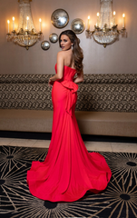 A-line off shoulder sleeveless satin side slit and floor length evening gown