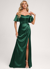 A-Line Off-The-Shoulder Floor-Length Satin Bridesmaids Dress