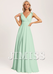 A-line V-neck floor-length chiffon bow bridesmaid dress