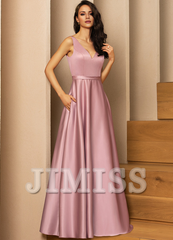 A-line V-neck floor-length satin bridesmaid dress