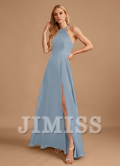 A-line high neck floor length chiffon bridesmaid dress