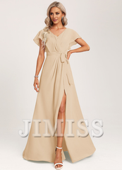 Ruffled A-line V-neck Floor-length Chiffon Bridesmaids Dress