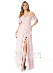 A-line V-neck pleated chiffon side slit and floor length bridesmaid dress - Jimiss Dress