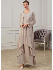 A-Line Mother of the Bride Dress Elegant Floor Length Chiffon Long Sleeve Jacket Dresses with Appliques