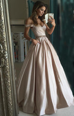 Pretty Nude Satin V-neck Prom Dresses Off Shoulder Evening Gowns Beaded Sashes
