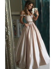 Pretty Nude Satin V-neck Prom Dresses Off Shoulder Evening Gowns Beaded Sashes