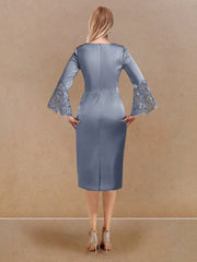 Stickers tight fitting/cylindrical low round neck long sleeved mother of the bride dress