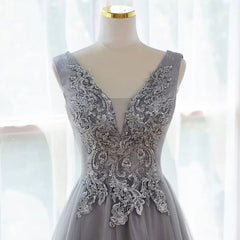 Grey A-line Tulle with Lace Long Formal Dress V-neckline Prom Dress Sleeveless december wedding guest dress