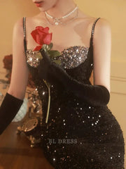 Sheath Spaghetti Straps Black Sequin Long formal dresses Bridesmaid Dresses evening gown Prom Dress