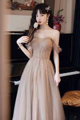 A-Line Tulle Beaded Long Prom Dress, Evening Party Dress