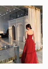 Wine Red Tulle Beaded Straps Beaded Formal Dress Evening Dress Party Dress A Line Prom Dress