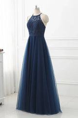Navy Blue Tulle with Lace Applique Long Party Dress Prom Dress Sleeveless Elegant