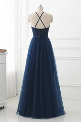 Navy Blue Tulle with Lace Applique Long Party Dress Prom Dress Sleeveless Elegant