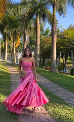 Strapless Pink Floor Length Satin Slit Ball Gown formal dresses Bridesmaid Dresses evening gown Prom Dress