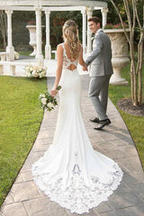 Aimishang Elegant Lace Straps Sweep Train Mermaid White Wedding Dress