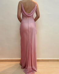 Sheath Spaghetti Straps Chiffon Pink Vintage formal dresses Bridesmaid Dresses evening gown Prom Dress