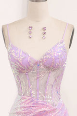 Light Purple Sequined Mermaid Long Corset Prom Dress With Slit Sparkly