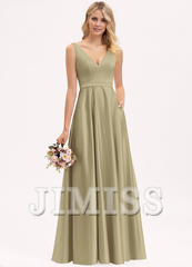 A-line V-neck floor-length satin bridesmaid dress