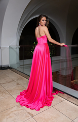 Hanging neck collar deep V-neck side slit and floor length evening gown