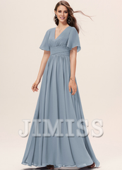 Ruffled A-line V-neck Floor-length Chiffon Bridesmaids Dress