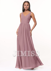 A-line V-neck pleated chiffon and floor length bridesmaid dress - Jimiss Dress