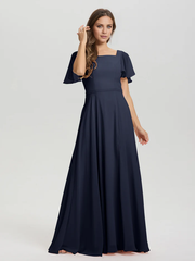 A-line square collar ruffled short sleeved and ground chiffon/ground length bridesmaid dress