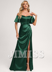 A-Line Off-The-Shoulder Floor-Length Satin Bridesmaids Dress