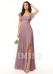 A-line pleated chiffon backless side slit and floor length bridesmaid dress - Jimiss Dress