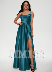 A-line draped floor-length satin prom dress