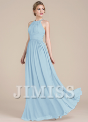Lotus leaf A-line low round neck chiffon bridesmaid dress