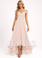 A-line off-shoulder asymmetric chiffon bridesmaid dress