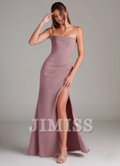 Strapless off shoulder side slit backless and floor length bridesmaid dress - Jimiss Dress